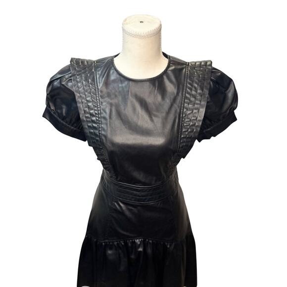 Zara Faux Leather Mini Dress Black Women's XS Ruffle Puff Flounce Hem Coquette - Picture 2 of 16